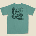 Flay lay back of Soaring hawk Texas graphic printed on light green t-shirt by Lost Draw Provisions