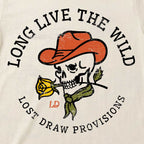 Close up back of Long Live the Wild Jersey Tee featuring a cowboy skull in an orange hat, wildflowers, and distressed Western lettering.