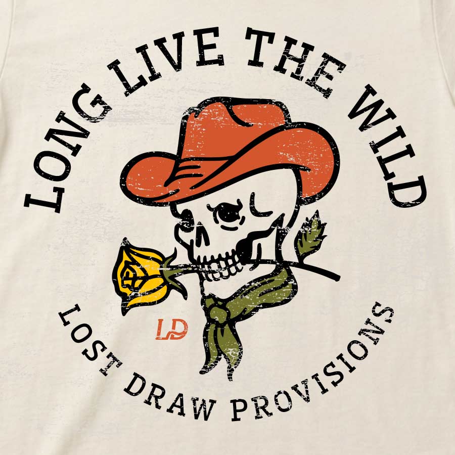 Close up back of Long Live the Wild Jersey Tee featuring a cowboy skull in an orange hat, wildflowers, and distressed Western lettering.