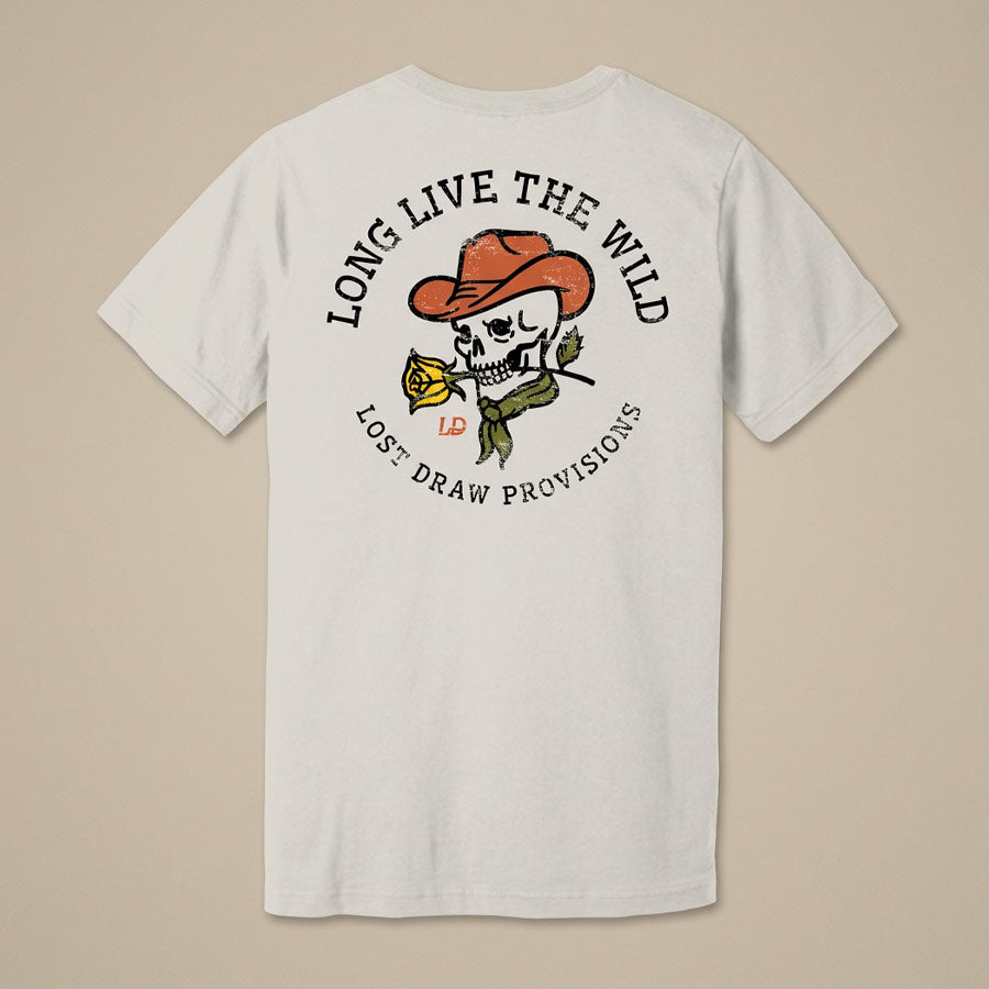 Back of Long Live the Wild Jersey Tee featuring a cowboy skull in an orange hat, wildflowers, and distressed Western lettering.