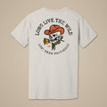 Back of Long Live the Wild Jersey Tee featuring a cowboy skull in an orange hat, wildflowers, and distressed Western lettering.