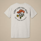 Back of Long Live the Wild Jersey Tee featuring a cowboy skull in an orange hat, wildflowers, and distressed Western lettering.