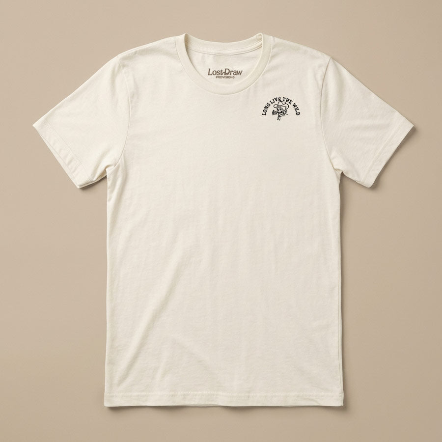Front of Long Live the Wild Jersey Tee in Vintage White with small cowboy skull and wildflower graphic on the left chest.