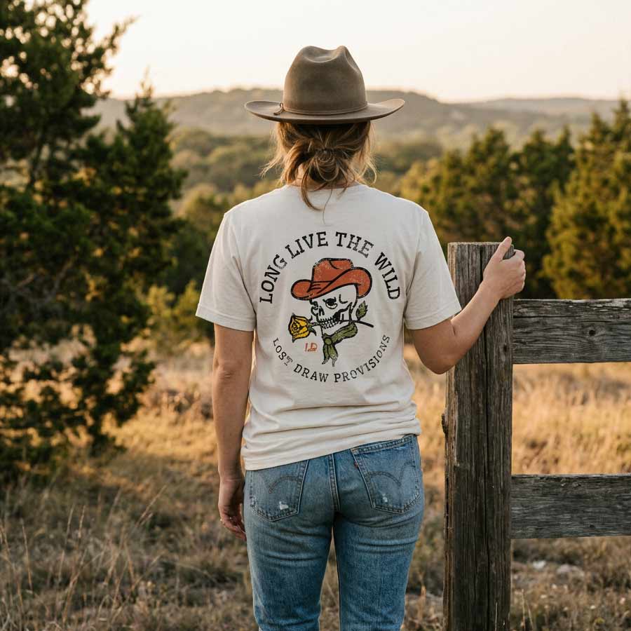 Model wearing the Long Live the Wild Tee, showing the large vintage cowboy skull and wildflower graphic on the back.