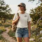 Model wearing the Vintage White Long Live the Wild Tee with a small cowboy skull graphic on the front chest.