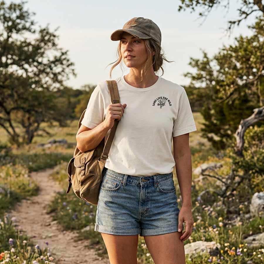 Model wearing the Vintage White Long Live the Wild Tee with a small cowboy skull graphic on the front chest.