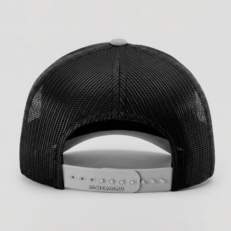 Black mesh cap with Richardson logo on a light gray background