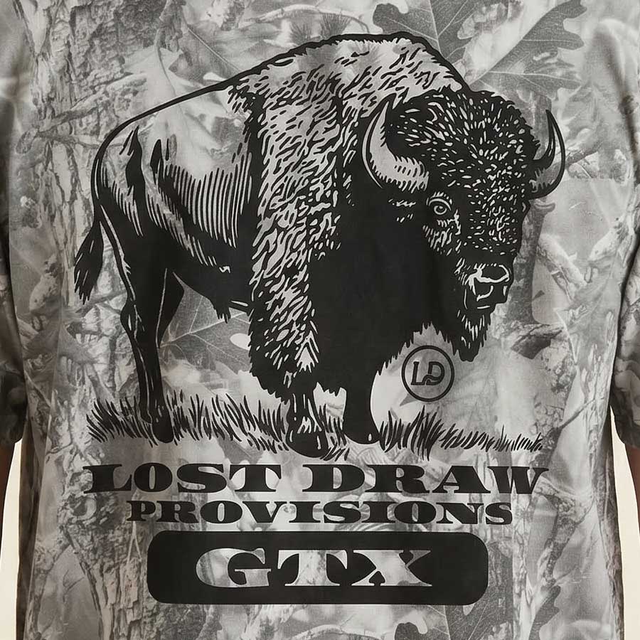 Close up of Vintage grey camo bison t-shirt Texas western graphic oversized fit shirt