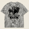 Flat lay back of Last Draw Bison Texas graphic tee oversized vintage grey camo heavyweight t-shirt Lost Draw Provisions