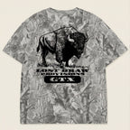 Flat lay back of Last Draw Bison Texas graphic tee oversized vintage grey camo heavyweight t-shirt Lost Draw Provisions