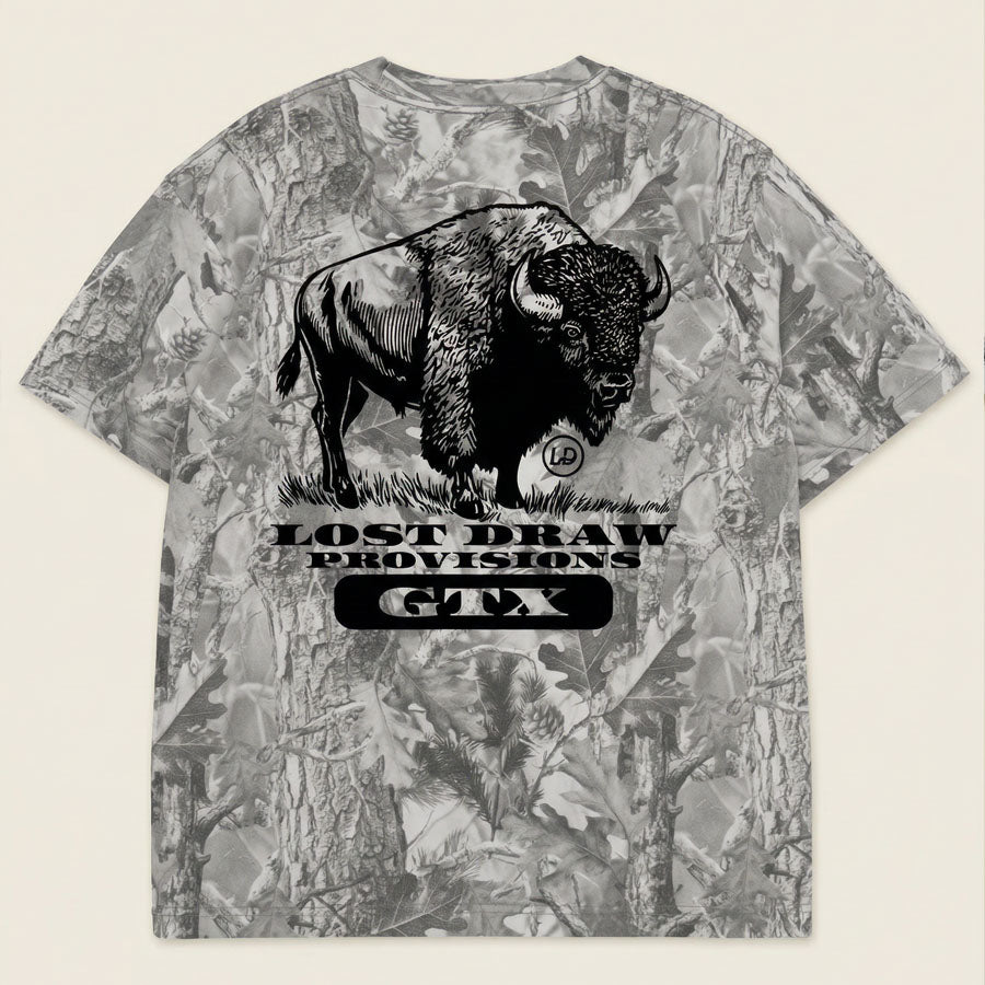 Flat lay back of Last Draw Bison Texas graphic tee oversized vintage grey camo heavyweight t-shirt Lost Draw Provisions