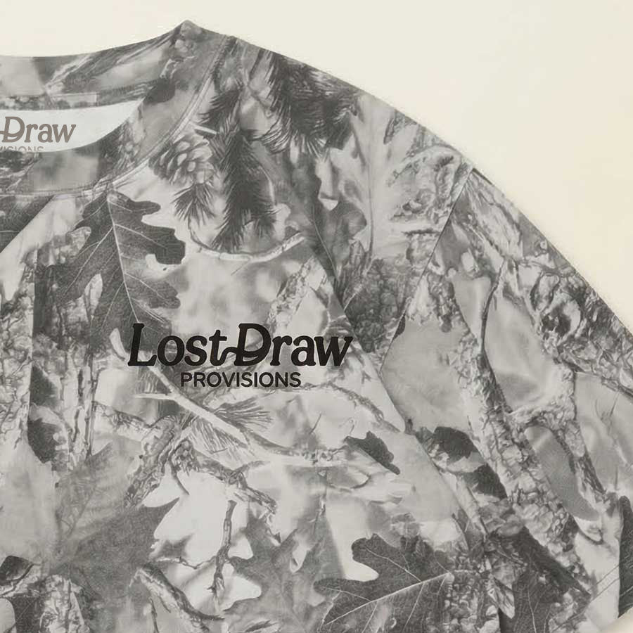 front close up flat lay of Heavyweight oversized camo t-shirt buffalo graphic Lost Draw Provisions Texas apparel