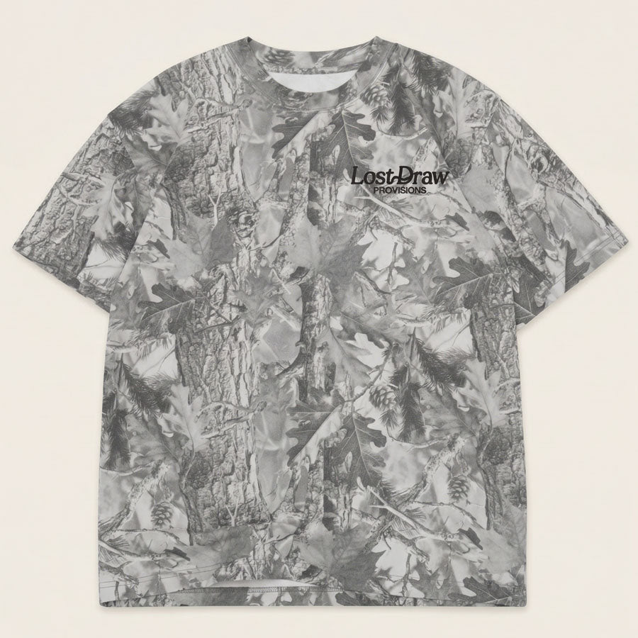 Flat lay front of Last Draw Bison Texas graphic tee oversized vintage grey camo heavyweight t-shirt Lost Draw Provisions