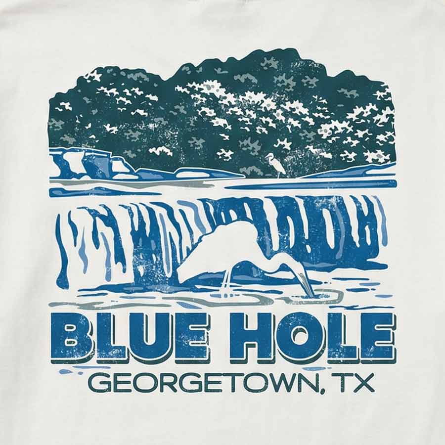 Lost Draw Provisions Georgetown Texas t-shirt Blue Hole design flat lay back closeup