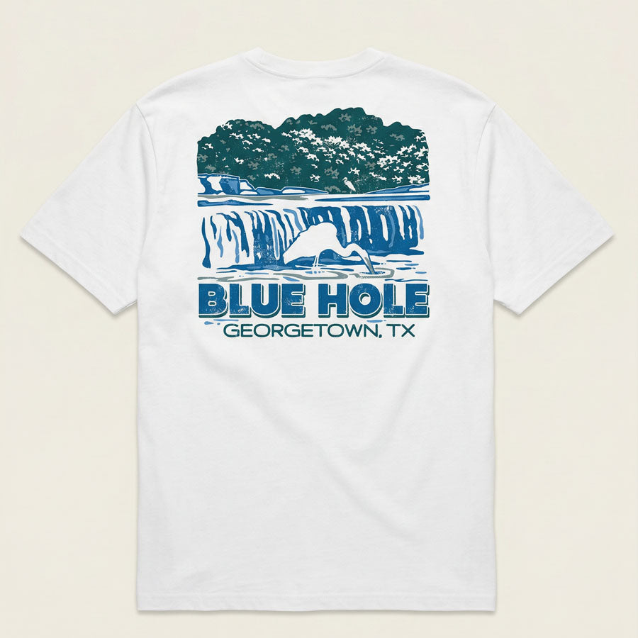 Lost Draw Provisions Georgetown Texas t-shirt Blue Hole design flat lay front Bella+canvas 4610 heavyweight cotton