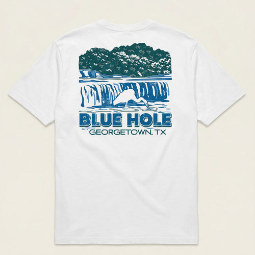 Lost Draw Provisions Georgetown Texas t-shirt Blue Hole design flat lay front Bella+canvas 4610 heavyweight cotton