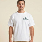 front view of man wearing a white Blue Hole Georgetown Texas graphic tee oversized white heavyweight t-shirt Lost Draw Provisions