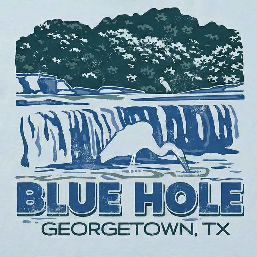Illustration of Blue Hole in Georgetown, TX with a heron and trees by Lost Draw Provisions
