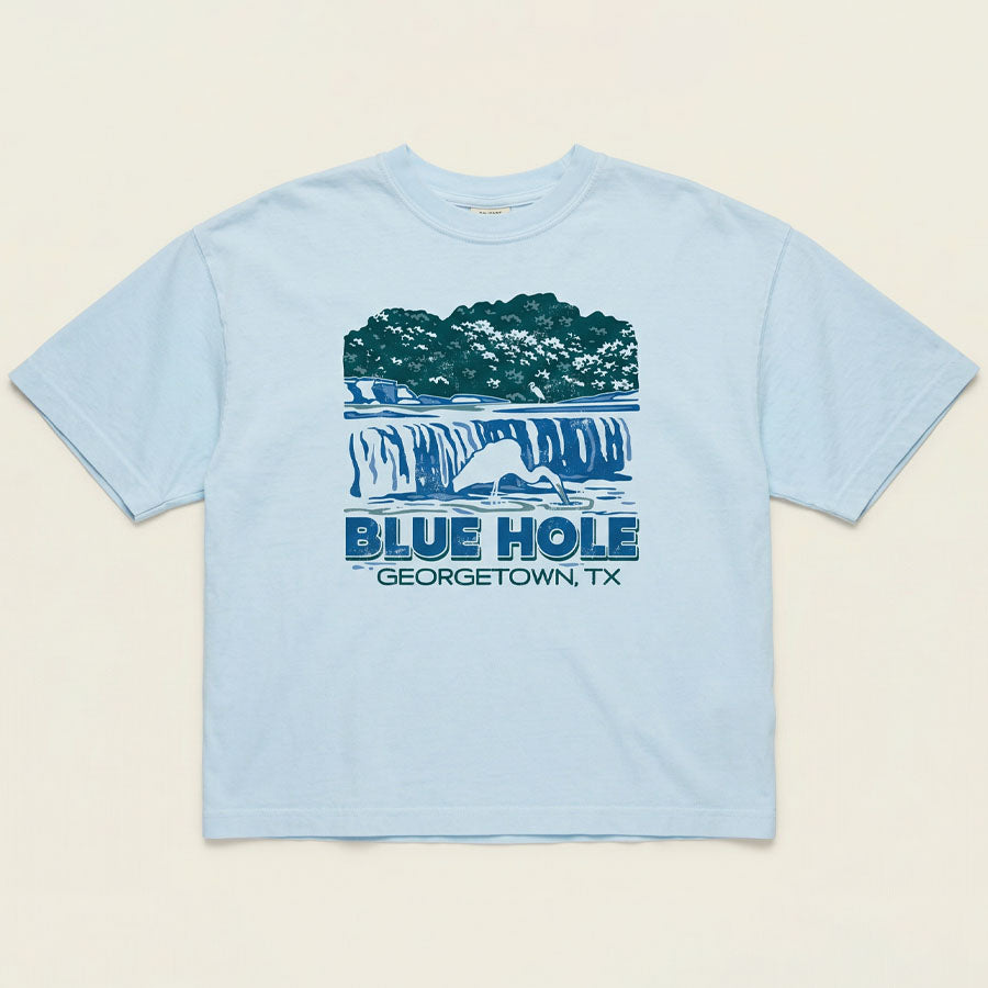 Blue Hole Georgetown Texas women’s boxy t-shirt garment-dyed white graphic tee flay lay