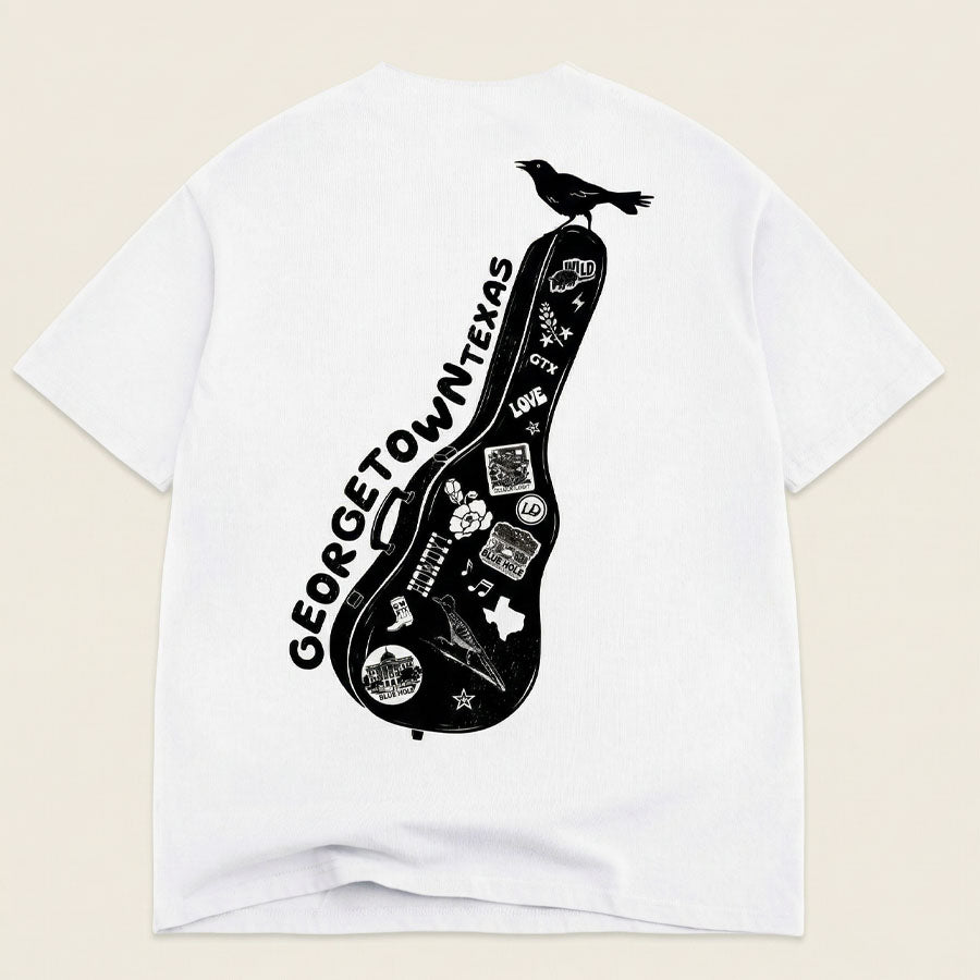 Lost Draw Provisions Georgetown Texas t-shirt guitar case graphic flat lay back