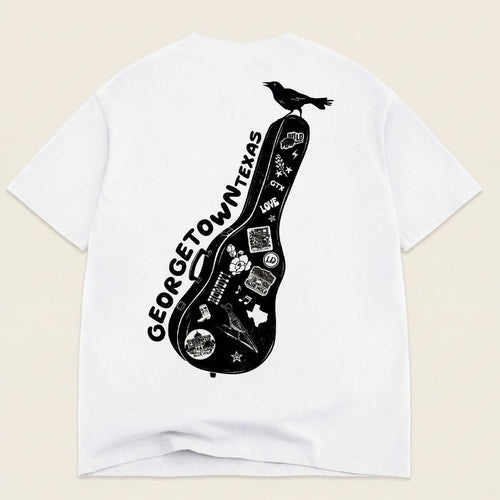 Lost Draw Provisions Georgetown Texas t-shirt guitar case graphic flat lay back