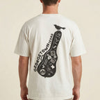 Back view of man wearing Texas souvenir graphic tee Georgetown guitar case design oversized shirt