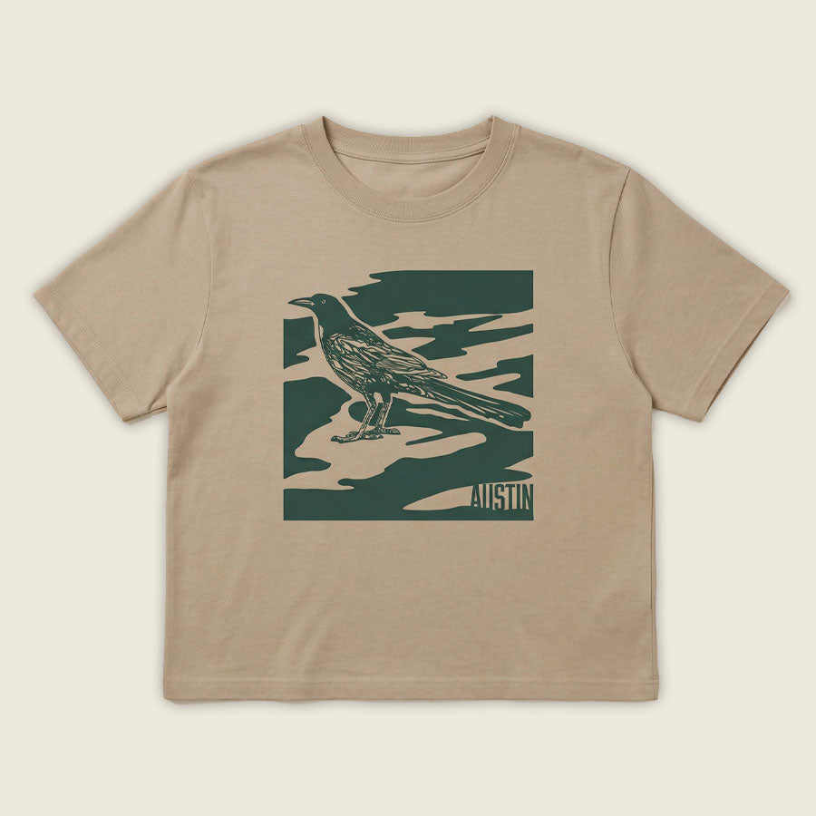 Flay lay front view of City Camo Austin women’s heavyweight garment-dyed t-shirt
