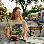Woman sitting at a table with a cup of coffee and pastry, wearing khaki garment-dyed City Camo Austin boxy t-shirt with bird graphic