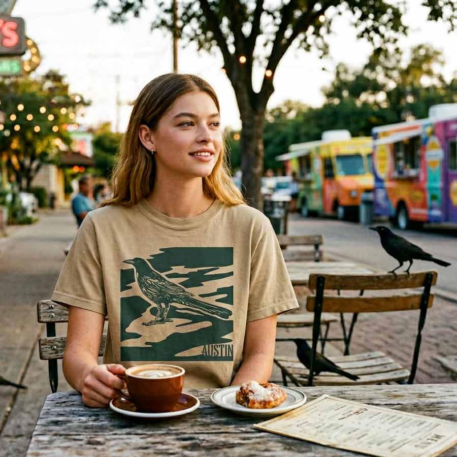Woman sitting at a table with a cup of coffee and pastry, wearing khaki garment-dyed City Camo Austin boxy t-shirt with bird graphic