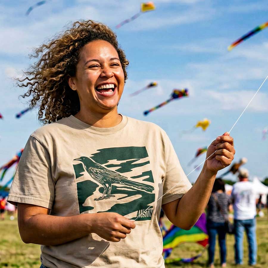 Lifestyle image of woman wearing relaxed fit garment-dyed Austin camo tee flying a kite at the Austin Kite Festival