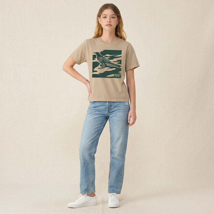 model wearing City Camo Austin women’s heavyweight garment-dyed t-shirt