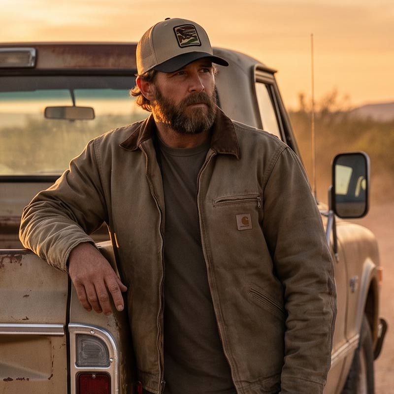 Man wearing a cap and jacket standing next to an old truck at sunset.
