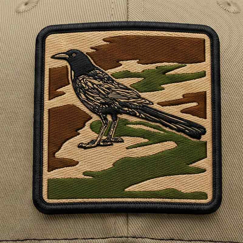 Embroidered patch of a bird on a camouflage background on a beige cap.