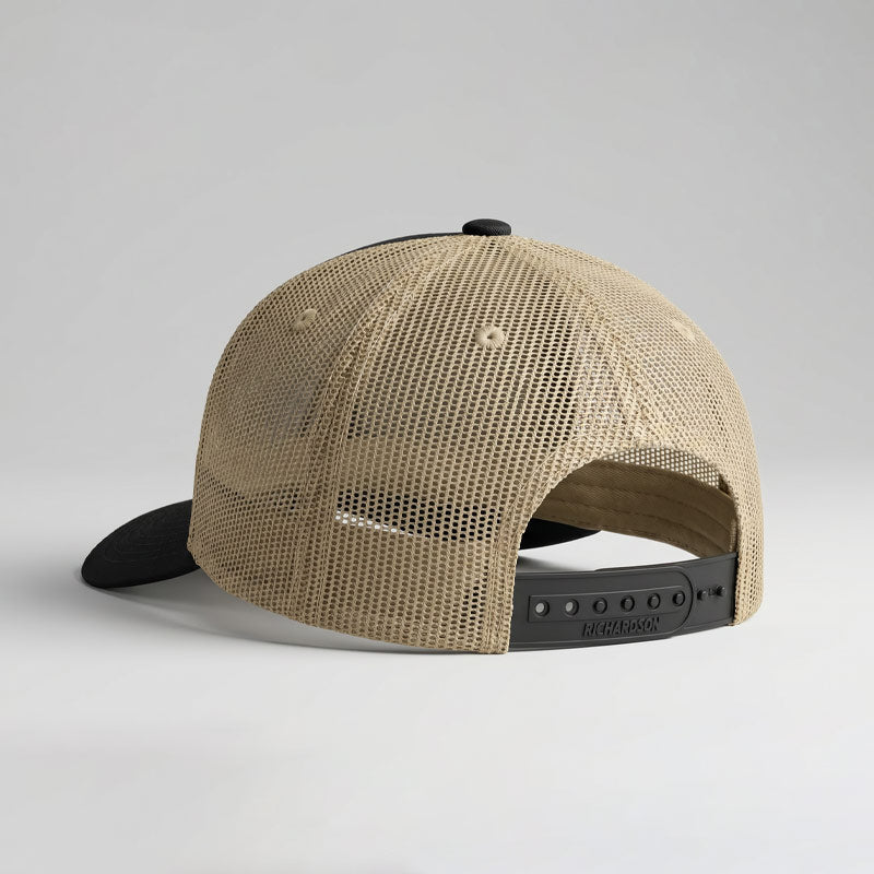 Beige mesh cap with black brim on a light gray background