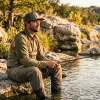 Man fishing by a river with rocks and trees in the background