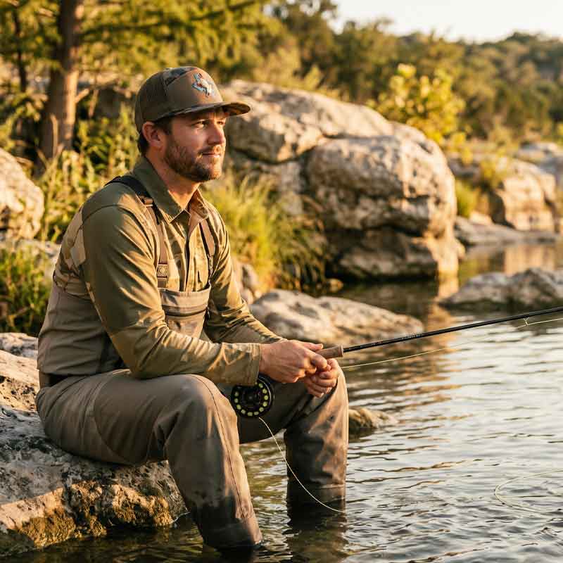 Man fishing by a river with rocks and trees in the background