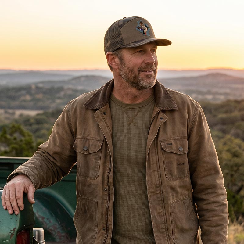 Man standing outdoors with a scenic background, wearing a brown jacket and cap.