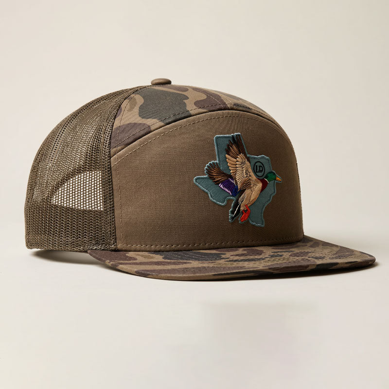Duck camo trucker hat with mallard duck Texas patch, Richardson 168P by Lost Draw Provisions.