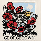 Georgetown Texas bird and poppy design women’s relaxed fit tee closeup