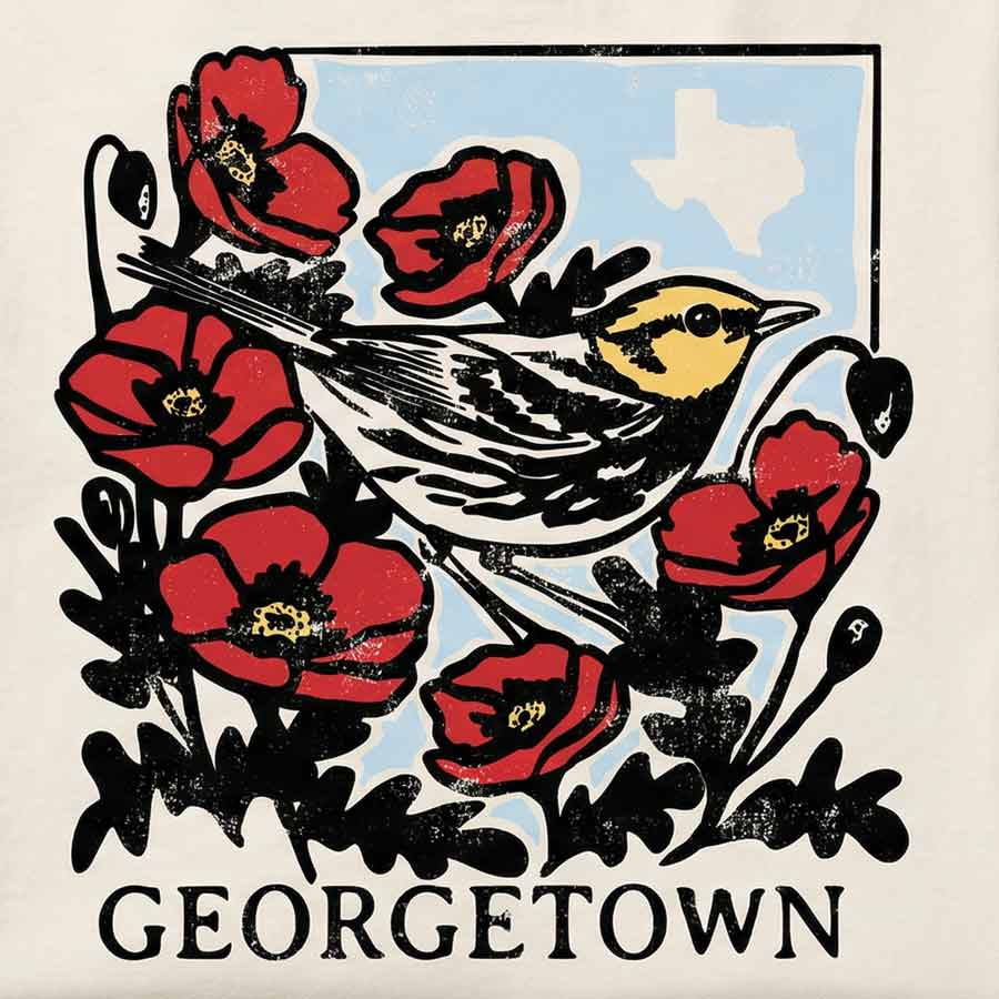 Georgetown Texas bird and poppy design women’s relaxed fit tee closeup