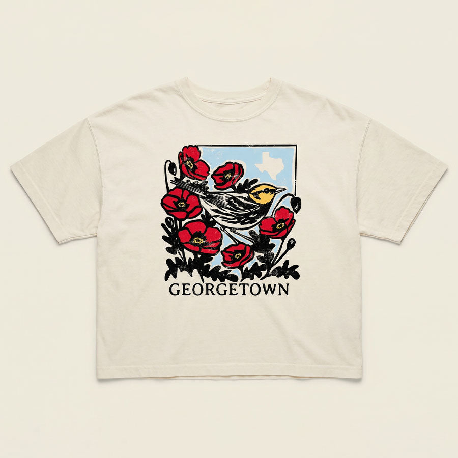 Georgetown warbler women’s boxy t-shirt golden cheeked warbler Texas graphic tee flat lay
