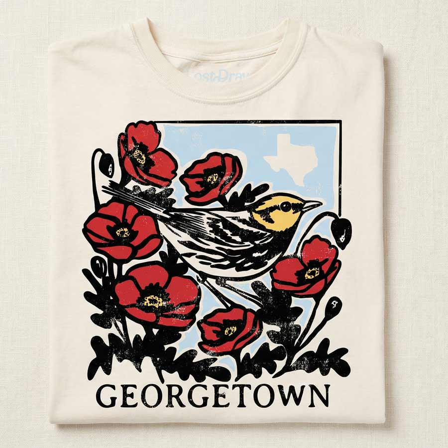 Georgetown warbler women’s boxy t-shirt golden cheeked warbler Texas graphic tee flat lay