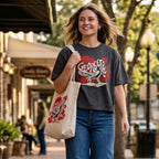 Woman wearing Lost Draw Provisions grackle strut shirt women’s boxy fit pepper cotton tee, holding a tote bag with similar design, walking outdoors.