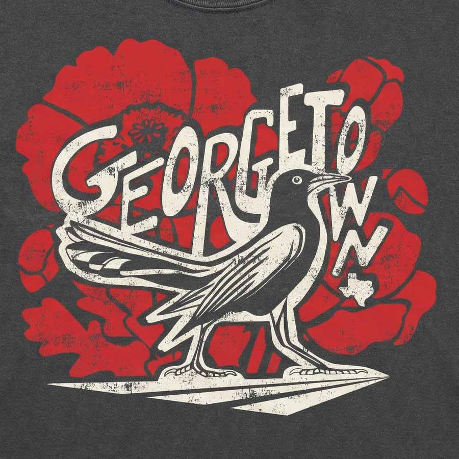 Georgetown Texas bird graphic t-shirt garment-dyed pepper tee close up