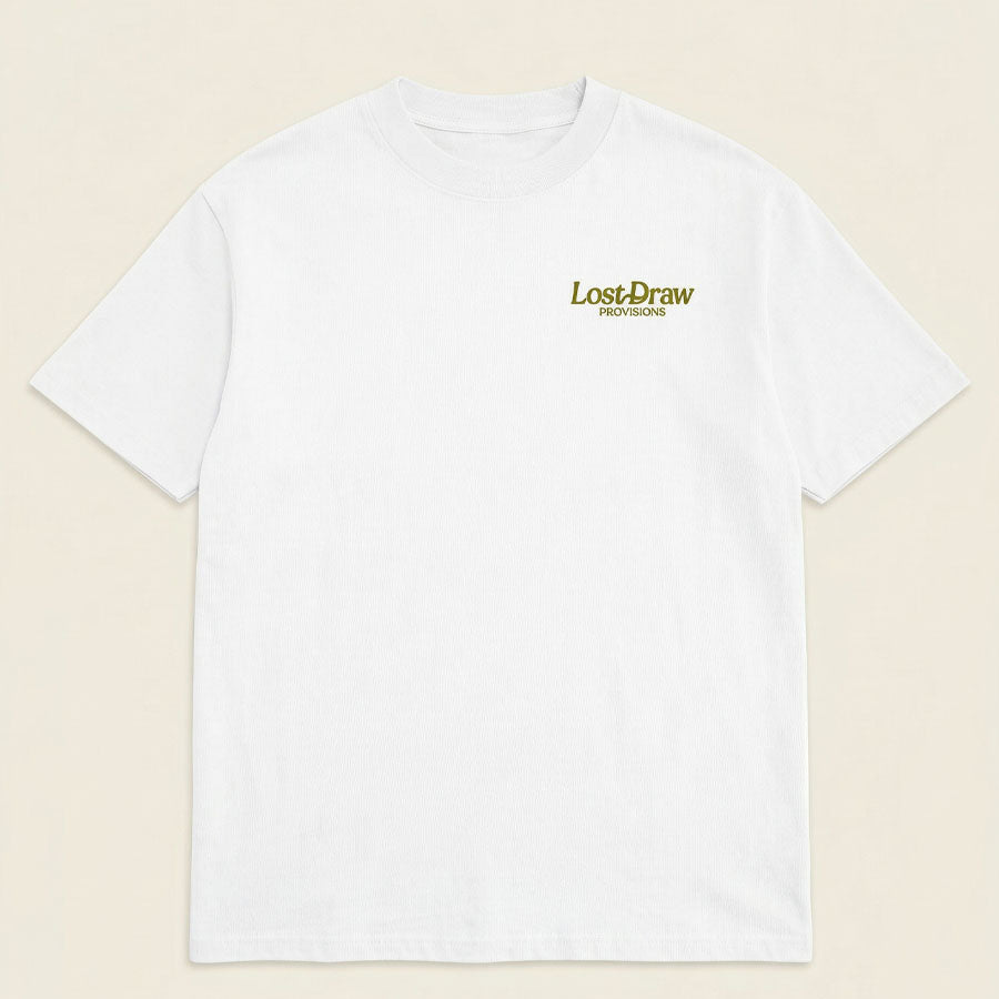 front flat lay of GTX Ranger Georgetown Texas graphic tee oversized white heavyweight t-shirt Lost Draw Provisions