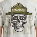 Close up of Skull ranger GTX Texas t-shirt camo halftone graphic oversized cotton tee