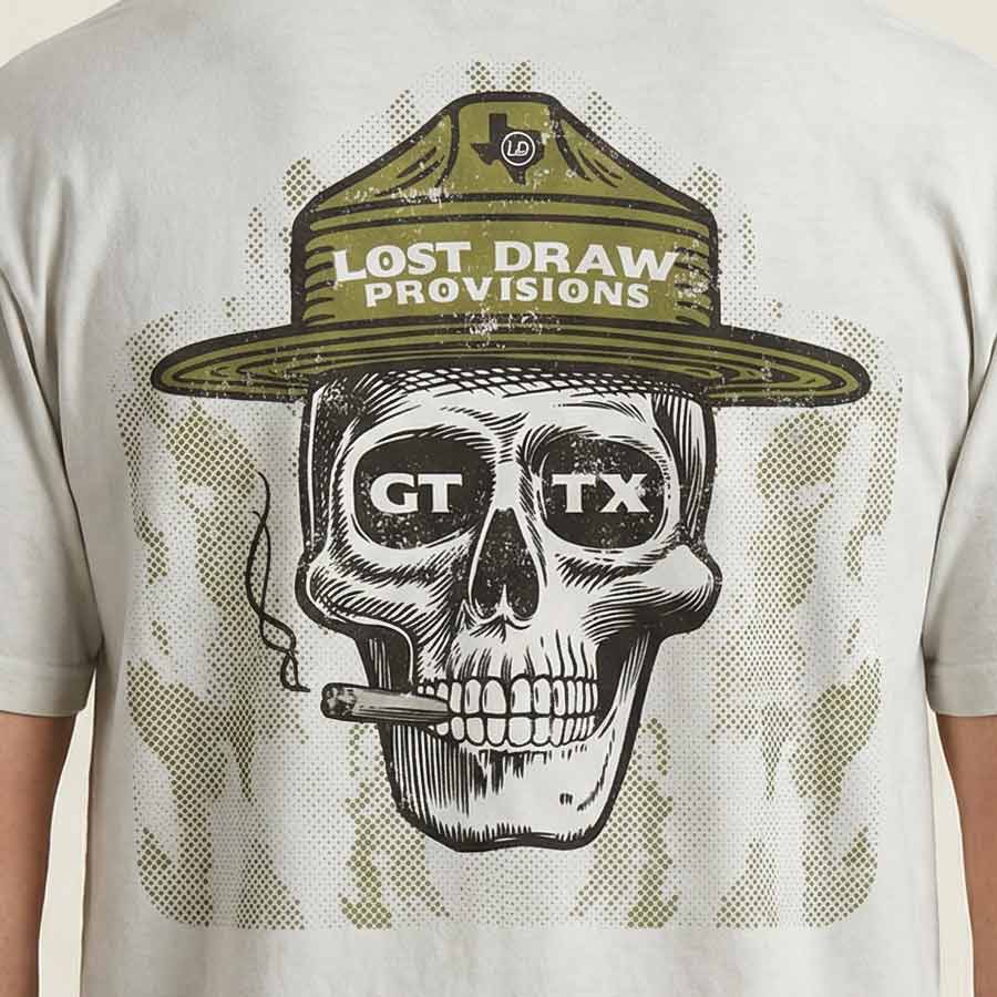 Close up of Skull ranger GTX Texas t-shirt camo halftone graphic oversized cotton tee