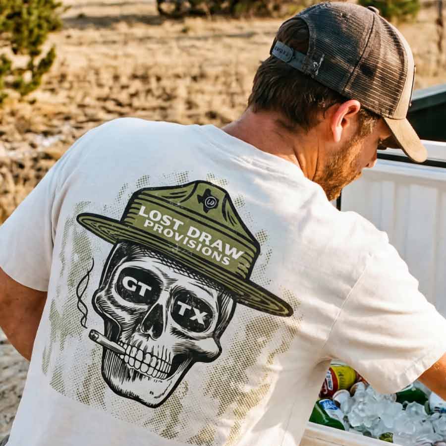 Model wearing GTX Ranger Georgetown Texas graphic tee oversized white heavyweight t-shirt Lost Draw Provisions