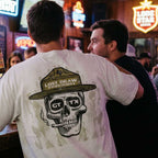 Lifestyle image of heavyweight oversized Georgetown Texas t-shirt skull graphic western style tee