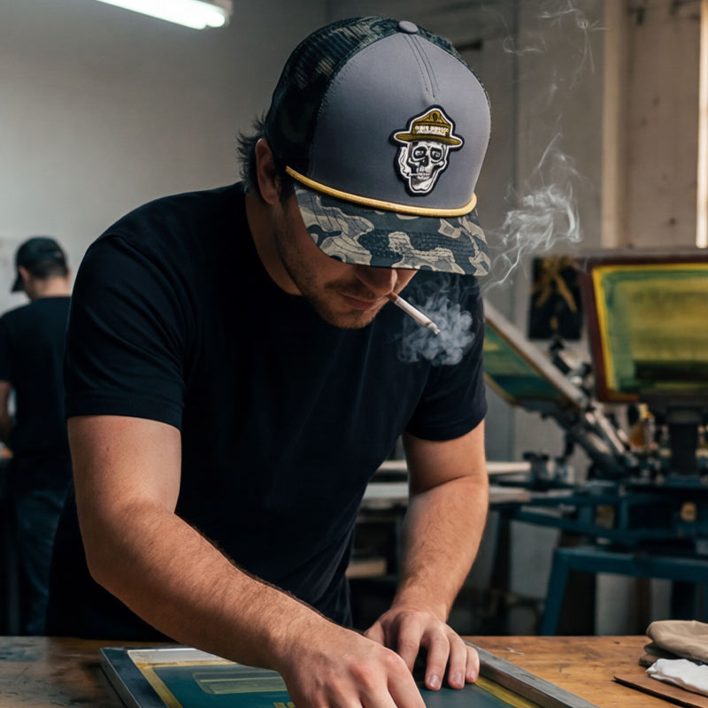 Man wearing a cap with a skull design, smoking a cigarette in a workshop.